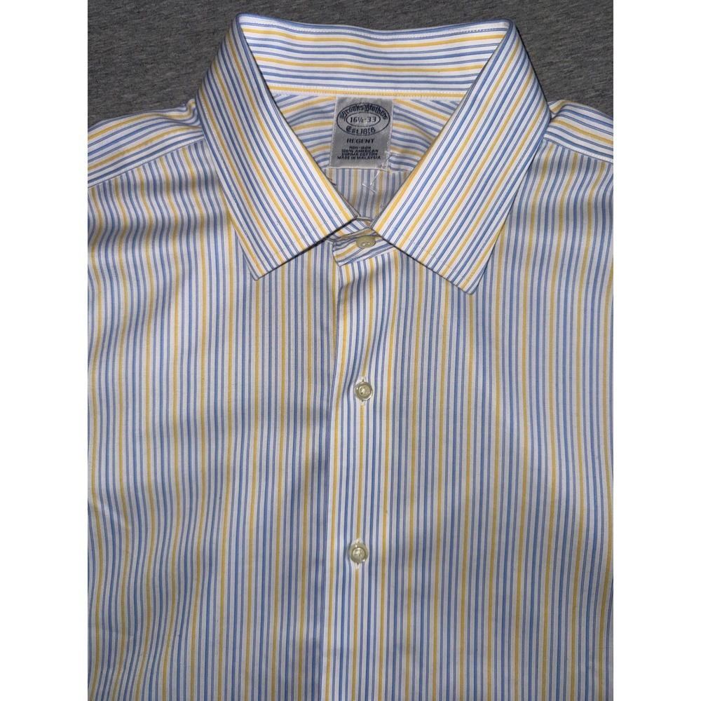 Brooks Brothers Mens Regent Blue Yellow Stripe Supima Cotton Shirt Size 16.5 33